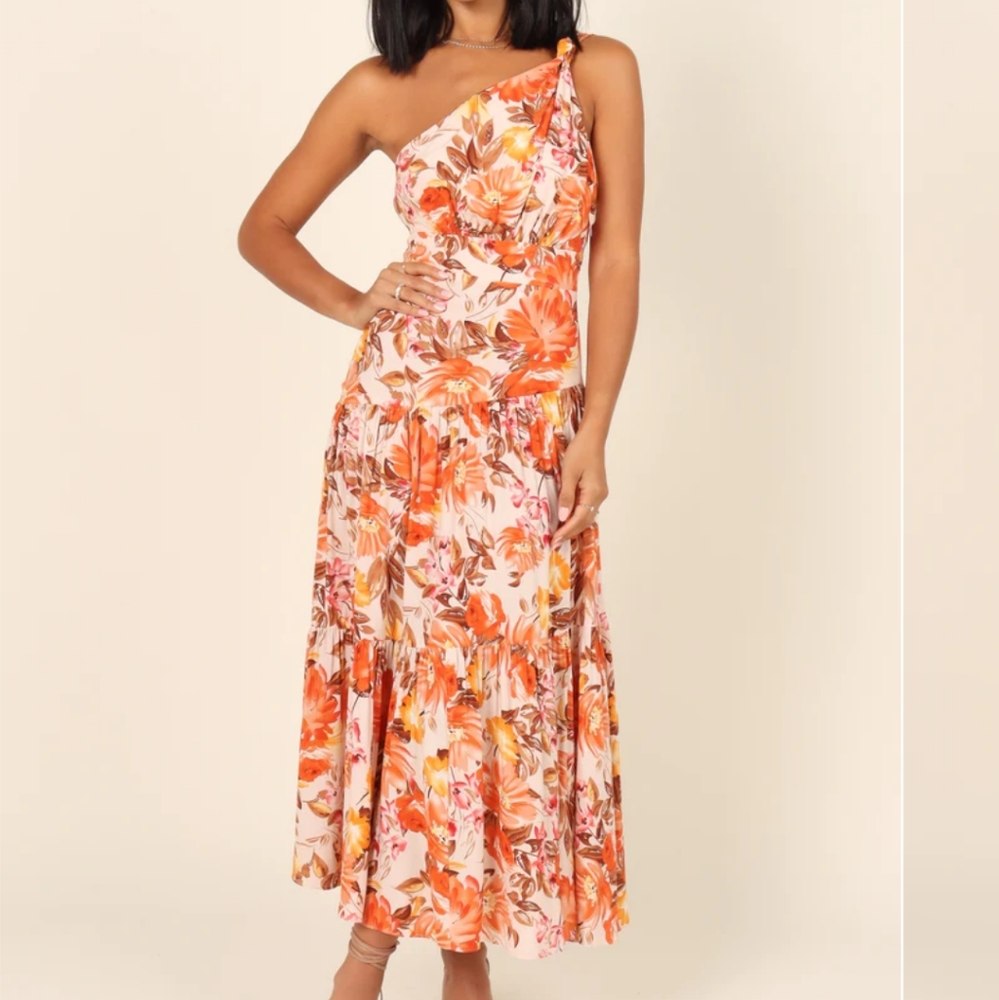 Petal & Pup One-Shoulder Floral Dress in Orange and Cream